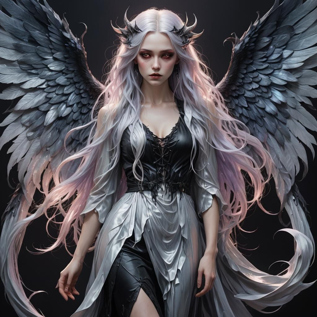 Iridescent Haired Gothic Woman with Demon Wings