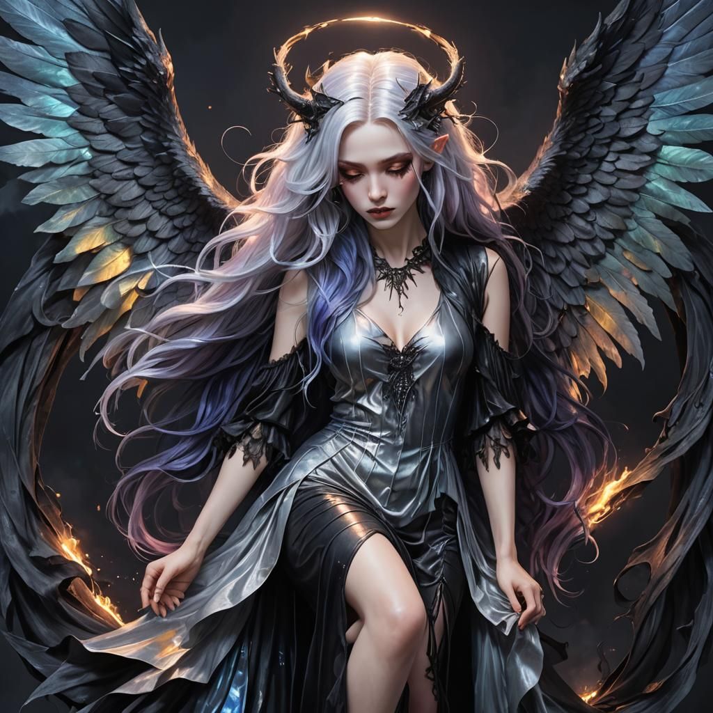 Iridescent Haired Gothic Woman with Demon Wings
