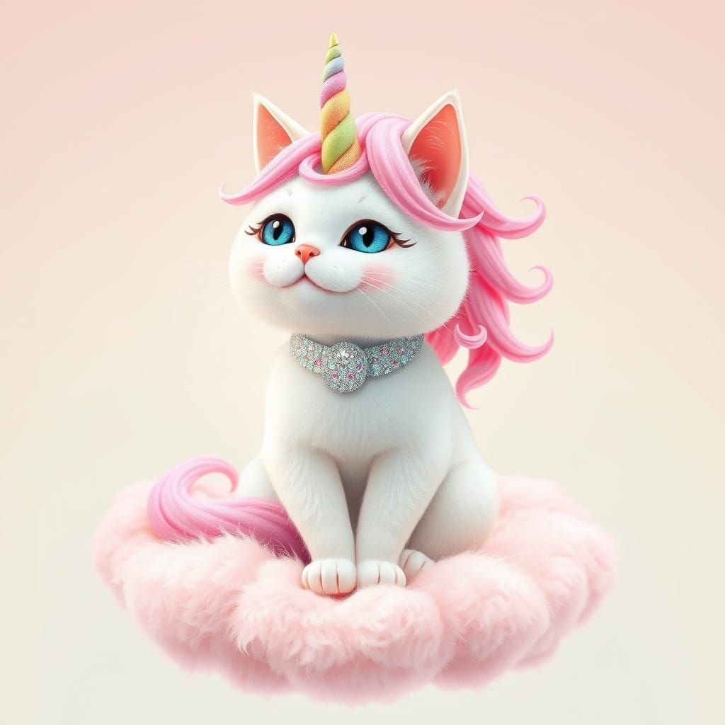 Pastel Unicorn Cat on Pink Cloud in Whimsical Style