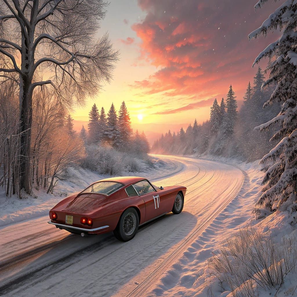 Ferrari 250 Berlinetta on Snowy Road at Sunset