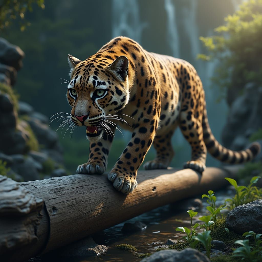 Majestic Clouded Leopard on Wooden Beam in Hyper-Realistic S...