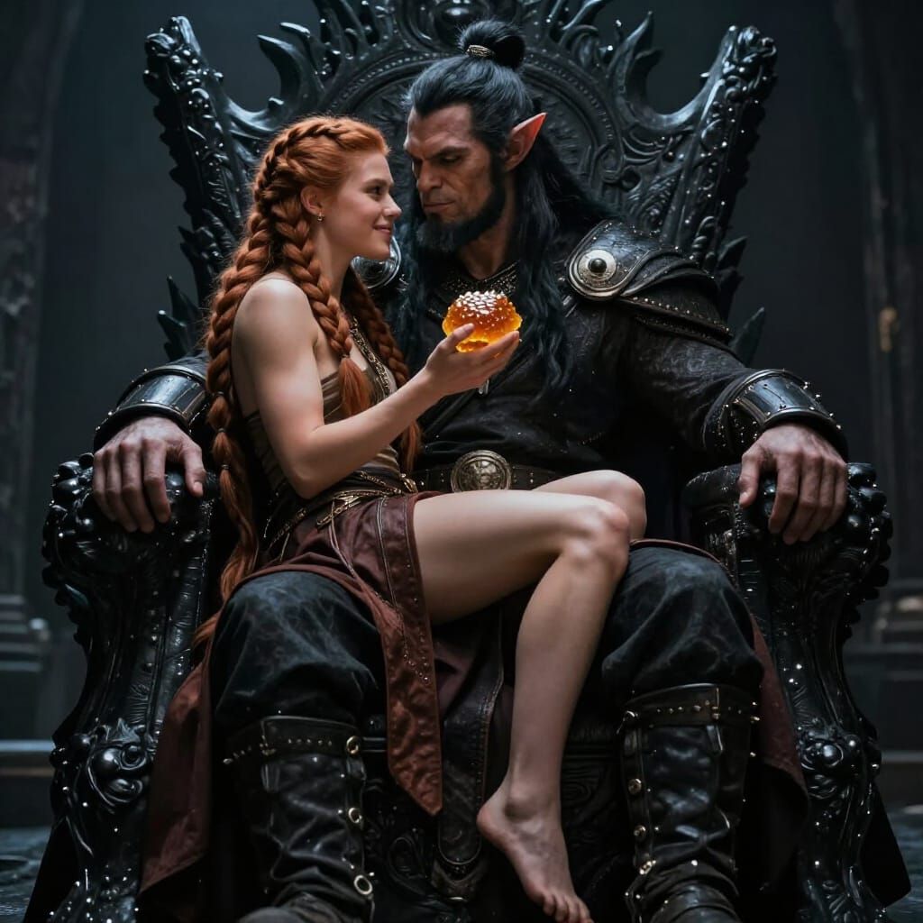 Orc Warlord Cuddles Man on Throne, Dark Fantasy Art