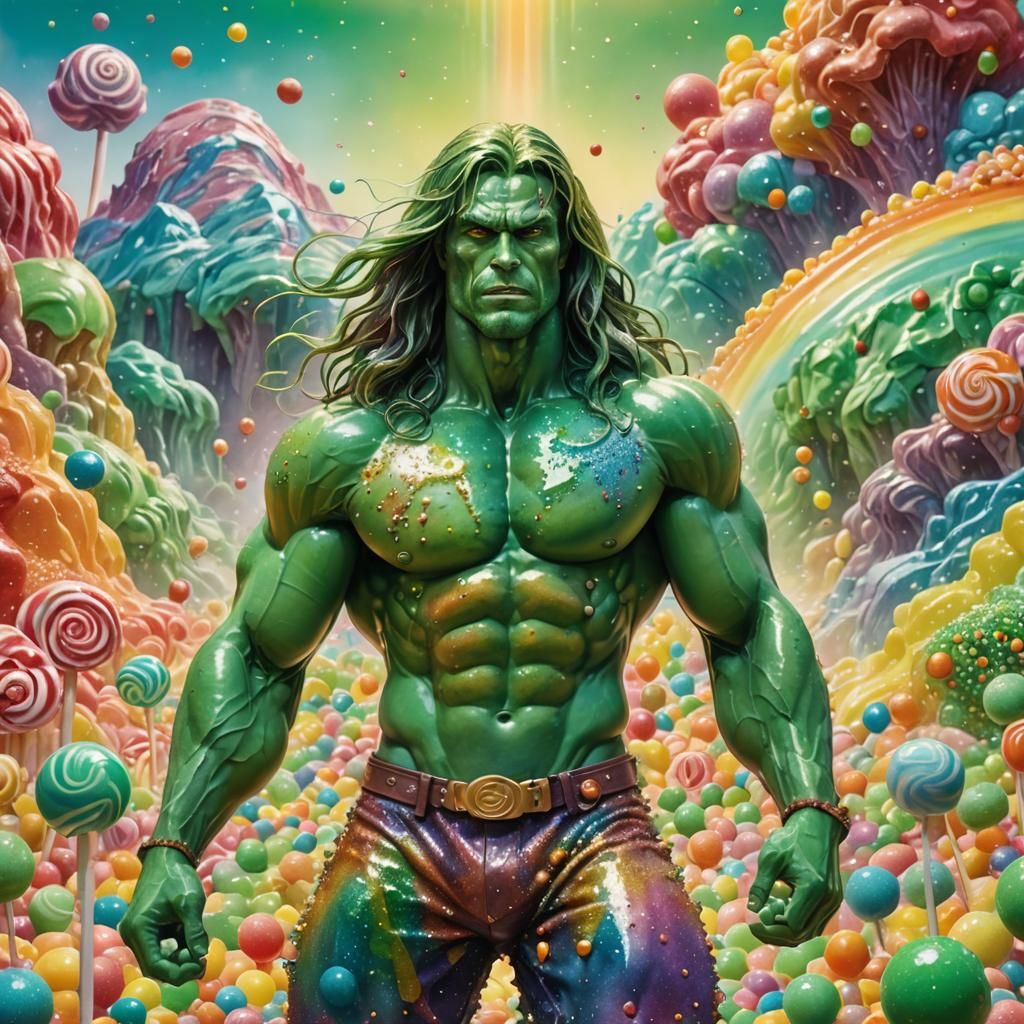 Green Muscle Man in Digital Candy Dreamscape