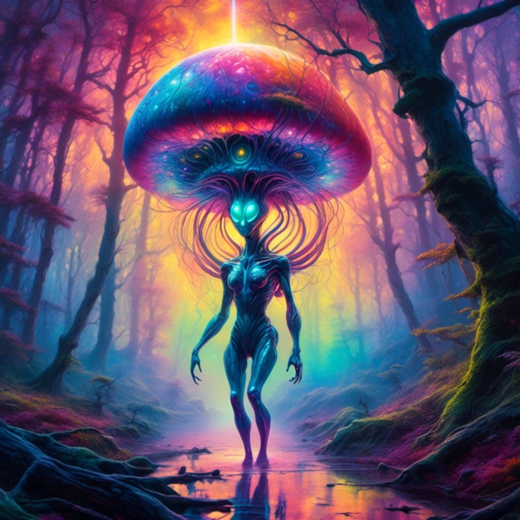 Psychedelic Alien in Misty Forest Painting