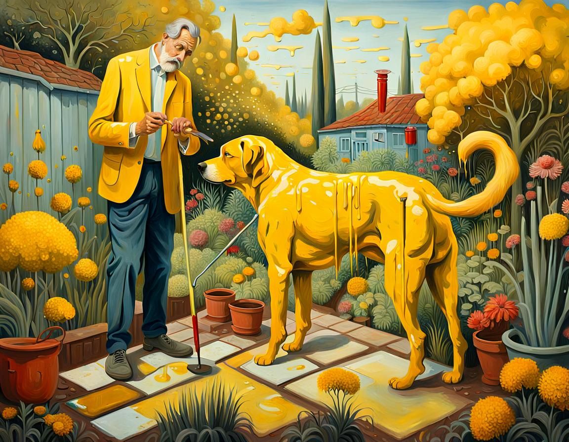 Surreal Garden: Man, Dog, and Yellow Drips