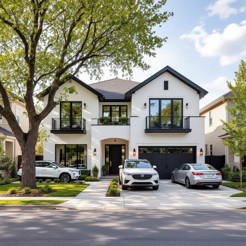 Modern Suburban Home with White Exterior and Black Trim