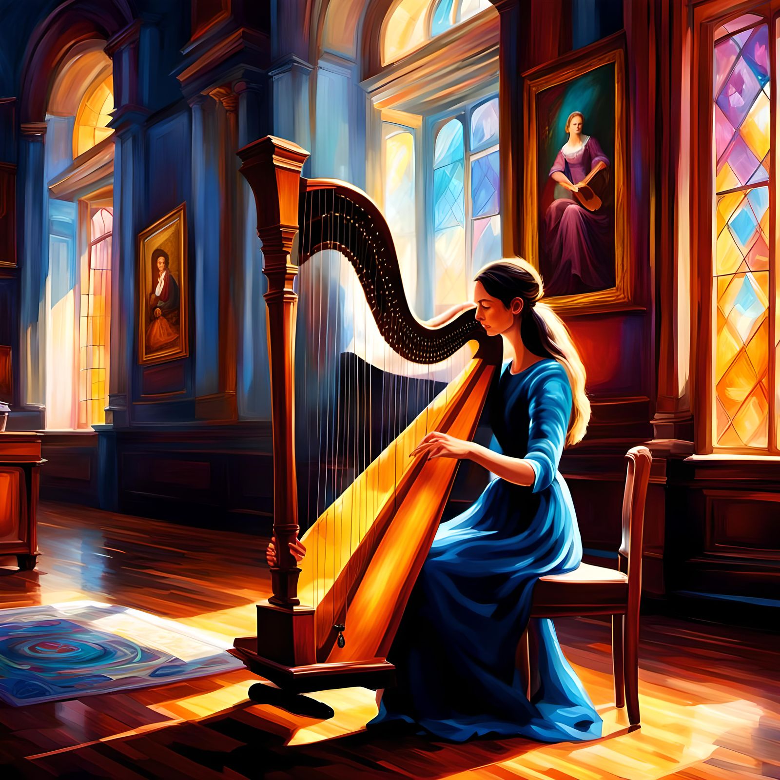 Hyperrealistic Harp Lesson in Splash Art Style