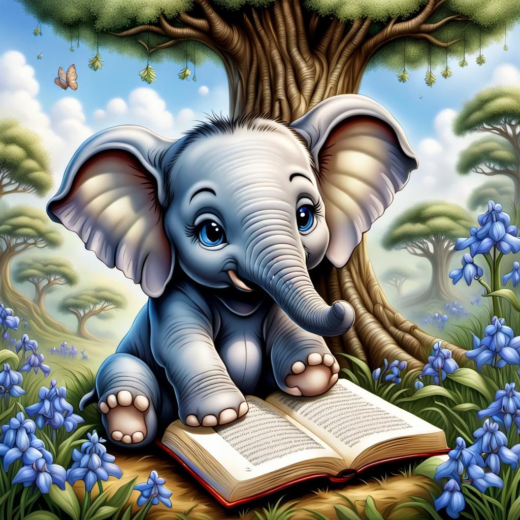 Adorable Elephant Cub Reading Under Bluebell Tree