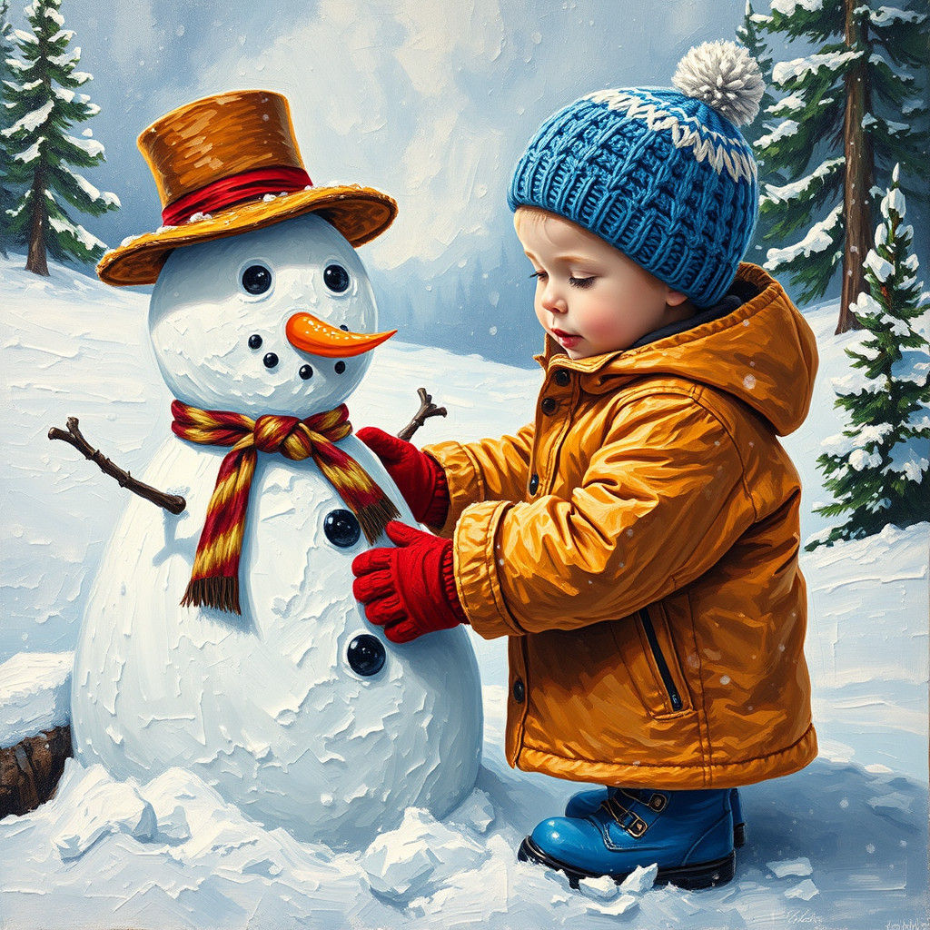 Boy Builds Snowman in Van Gogh Style Impasto