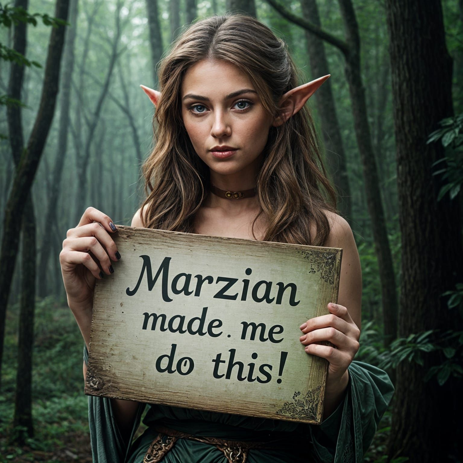 Ethereal Elf Maiden Holds Humorous Sign in Forest