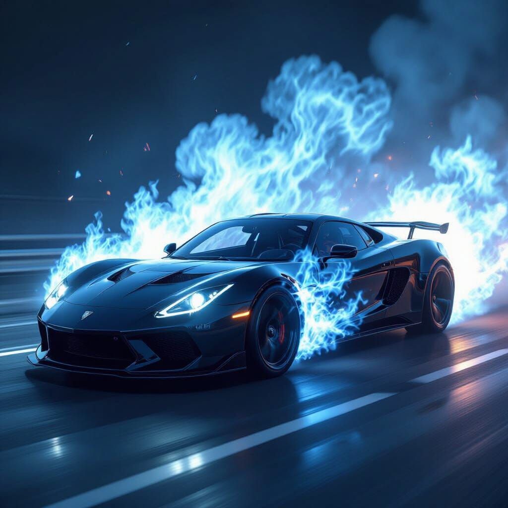 Black Sports Car Engulfed in Blue Flames