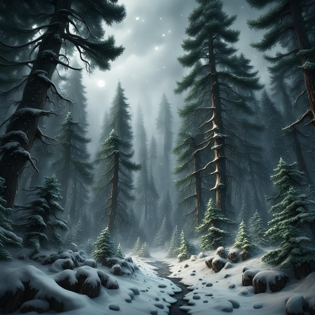 Snowstorm in Dark Evergreen Forest: Matte Painting
