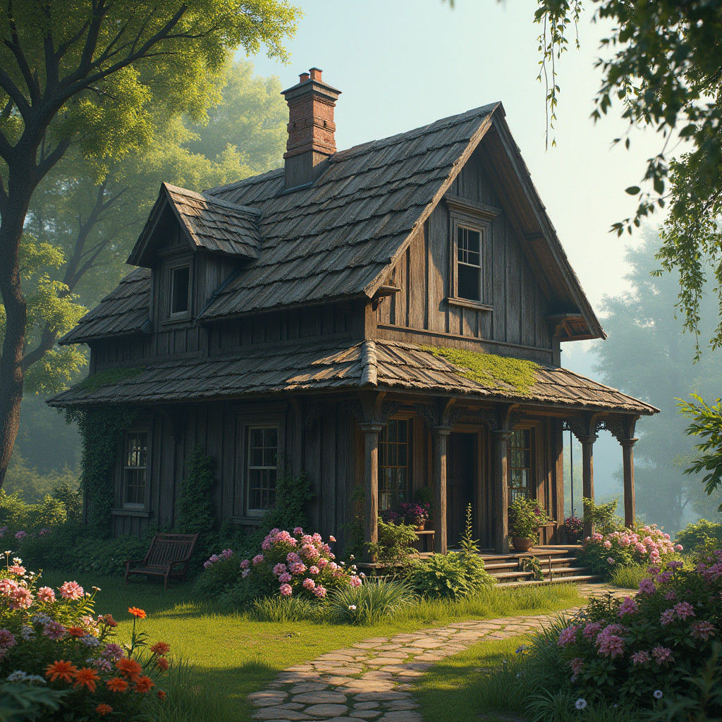 Charming Wooden House in Rainy Fantasy Landscape