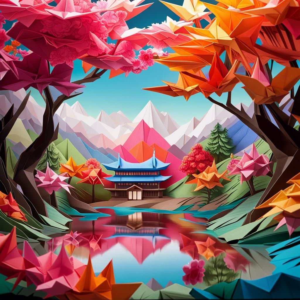 Vibrant Origami Landscape with Castle and Blossoms