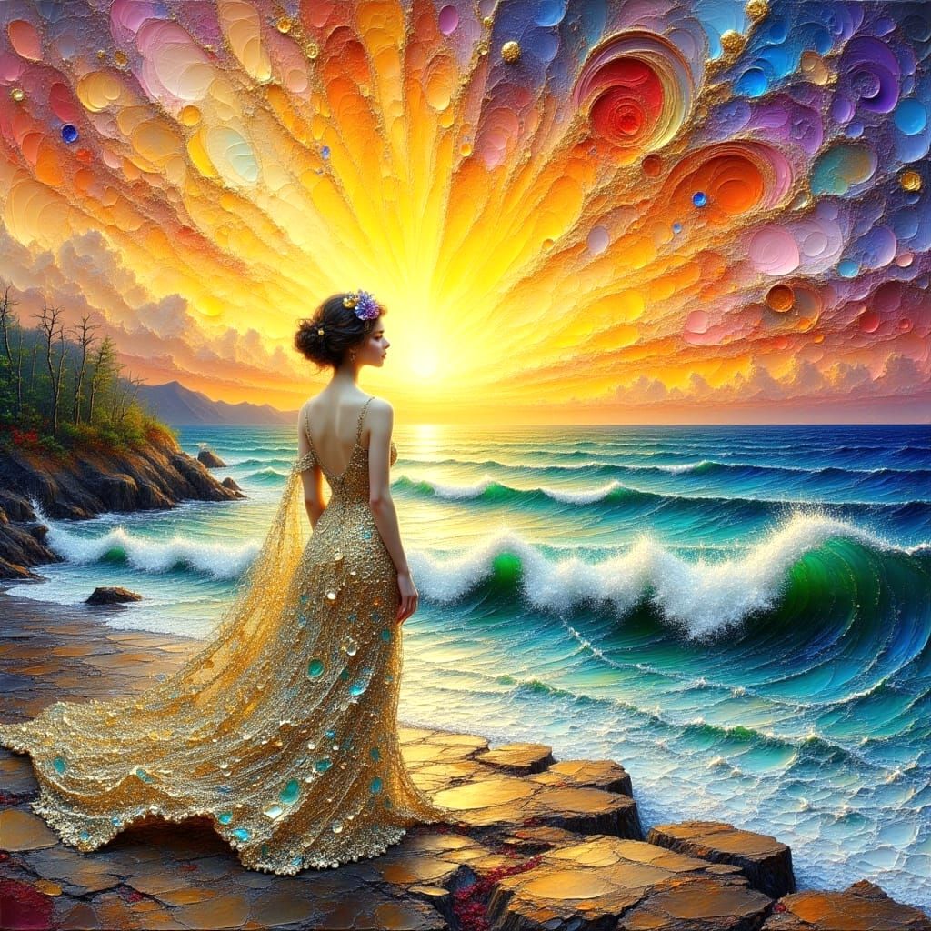 Ethereal Art Nouveau Goddess Emerging from Sunset Seascape