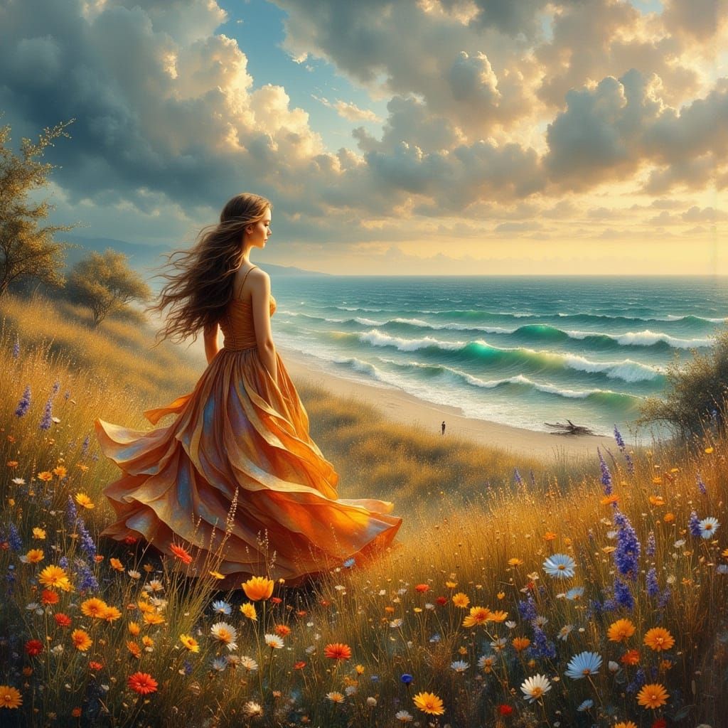 Beautiful Woman in Flowing Gown by English Seaside