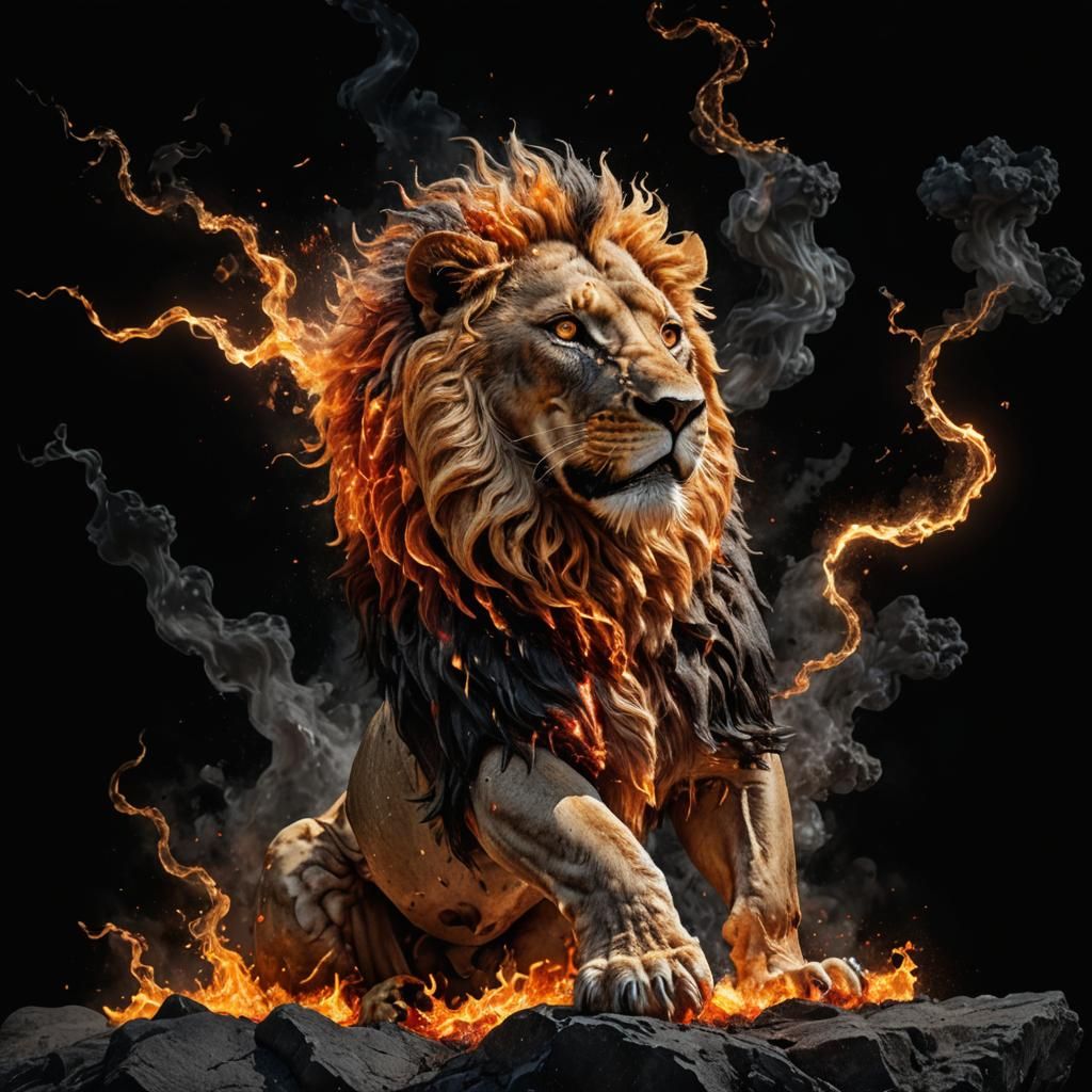 A lion of fire disintegrating as it stands on a rock , the p...