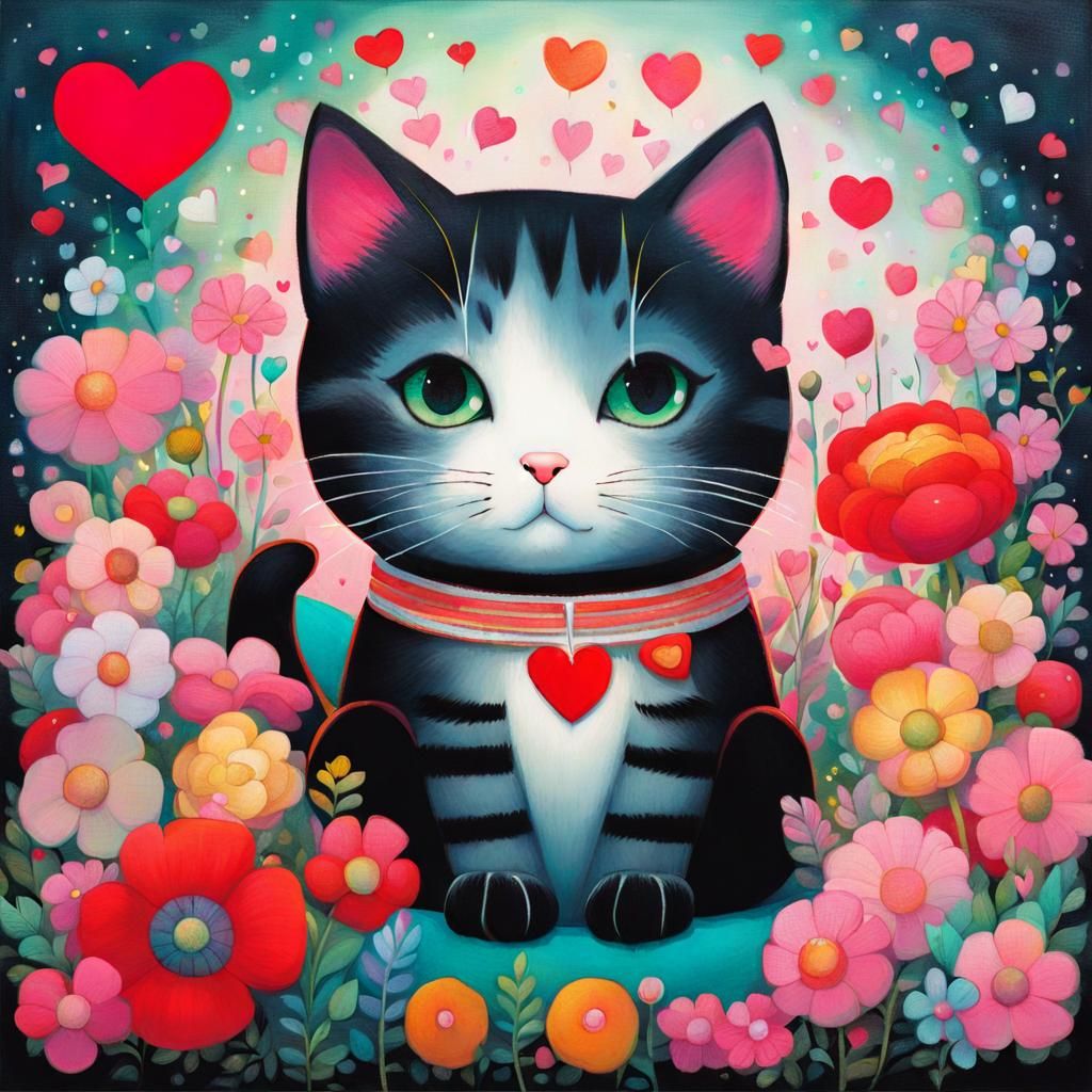 Cute Cat Surrounded by Flowers in Pop Surrealism Style