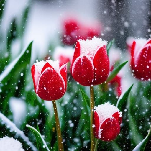 Red Tulips in Snow: Detailed Macro Photography