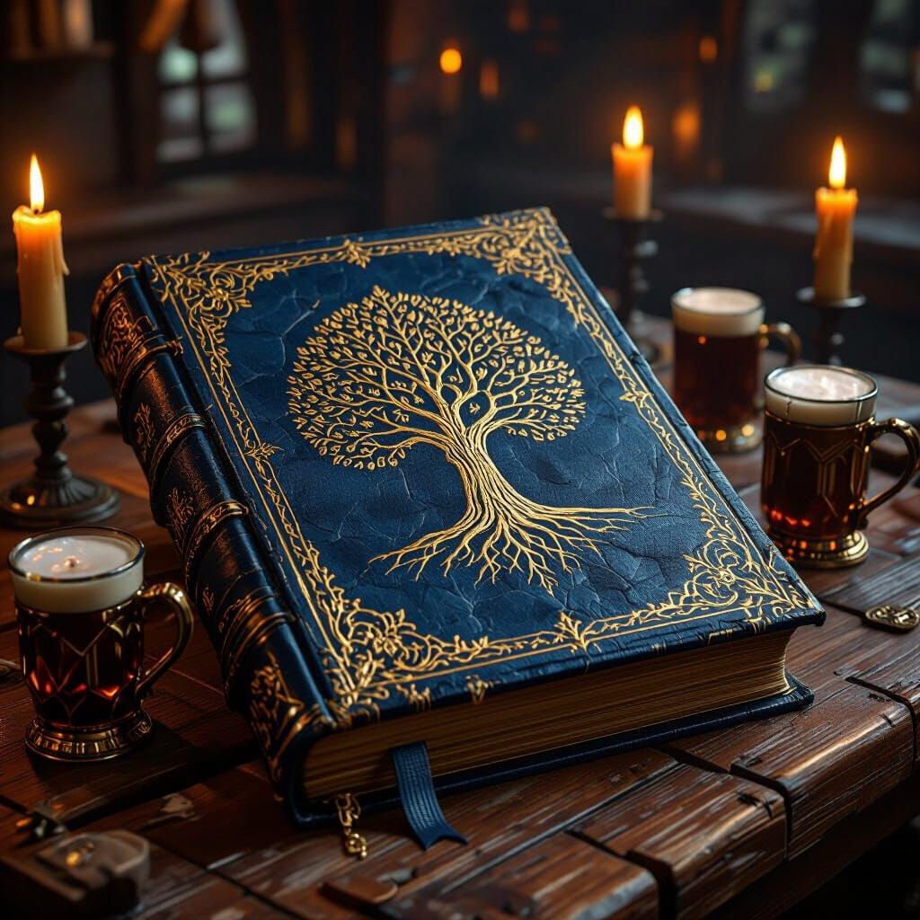 Ornate Book in Tavern, Photorealistic Digital Art