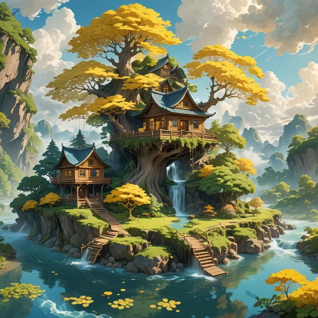 Enchanting Floating Island in Dreamlike Watercolor Style