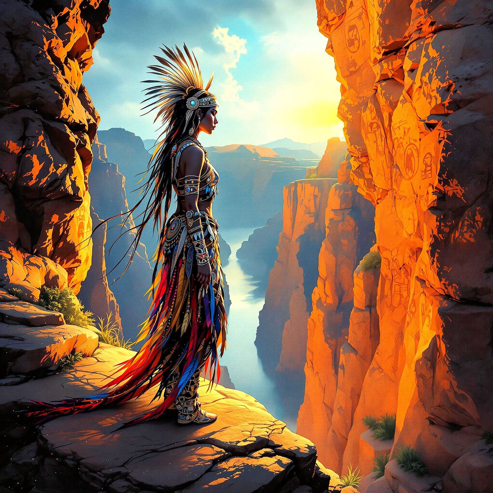 Unami Native American standing at the edge of a vast, starli...
