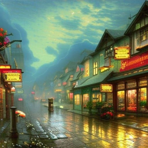 Victorian Hong Kong Store at Night, Kinkade Style