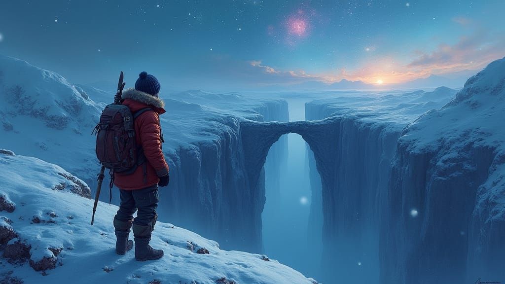 Brave Adventurer Stands at Edge of Icy Tundra Bridge