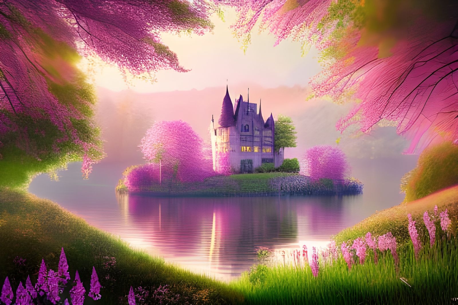 Lakeside Castle in Blossom Forest, Hyperrealistic Painting