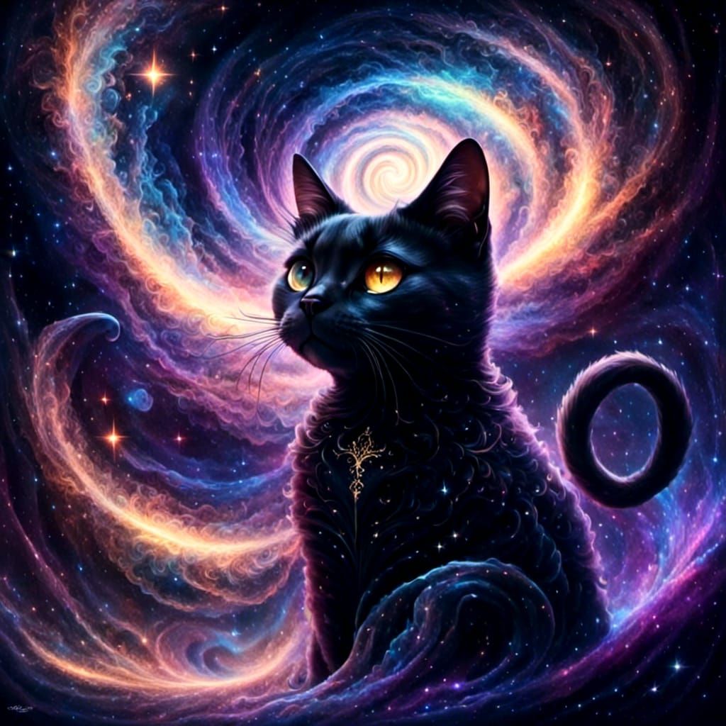 Black Cat with Glowing Runes in Nebula Cafe Style