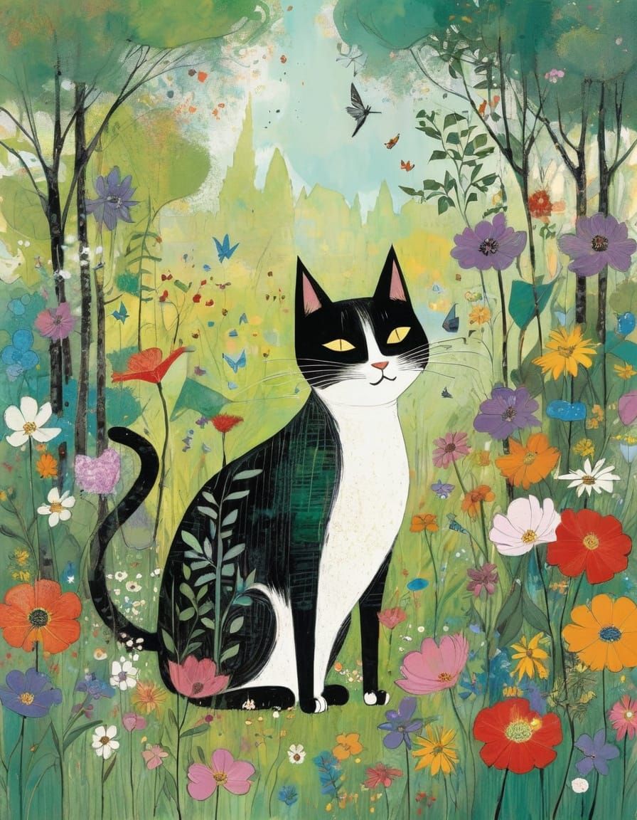Whimsical Feline Amidst Vibrant Floral Wonderland