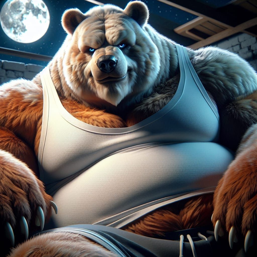 Anime-Inspired Kodiak Bear in Moonlit Basement