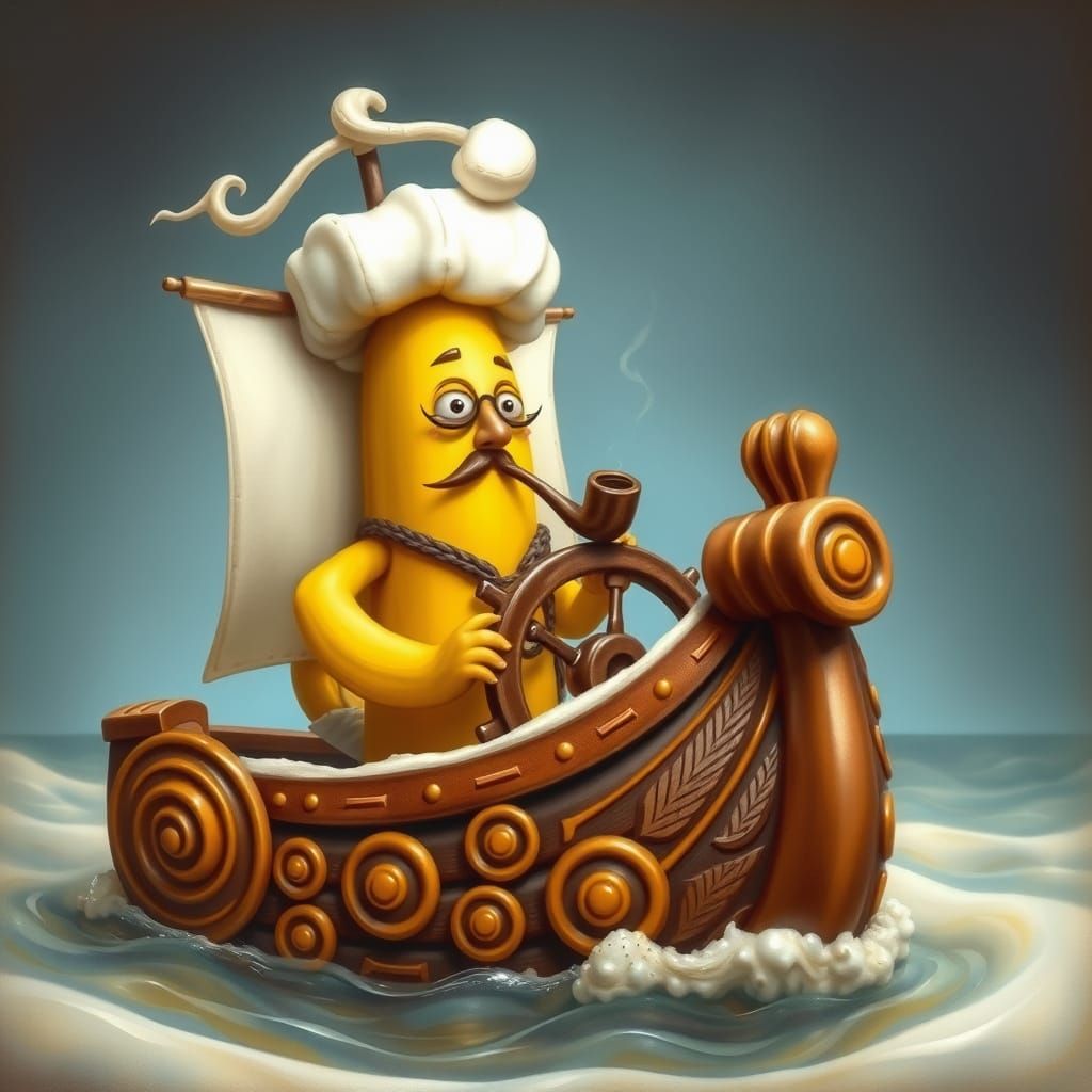 Whimsical Banana Captain at the Helm of a Chocolate Log Ship