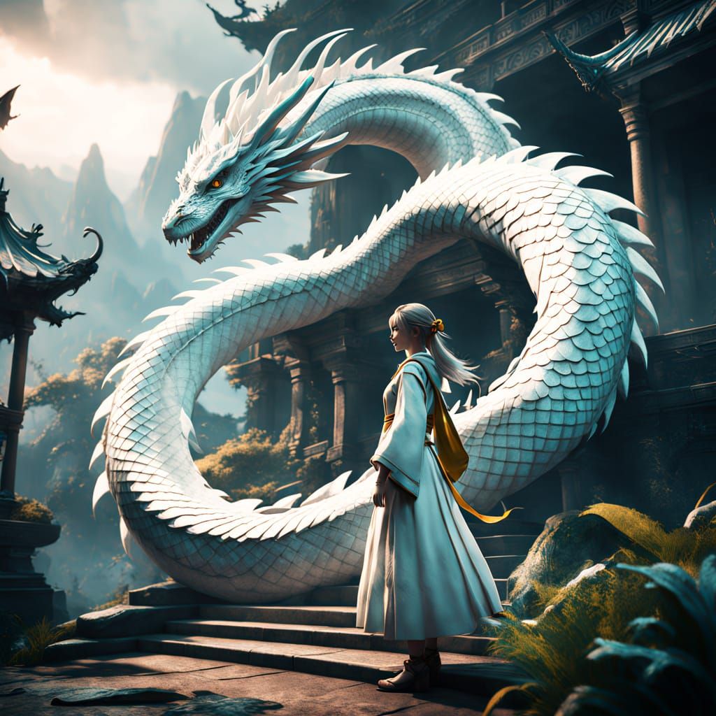 Whimsical Fantasy Woman Amidst a Majestic White Dragon