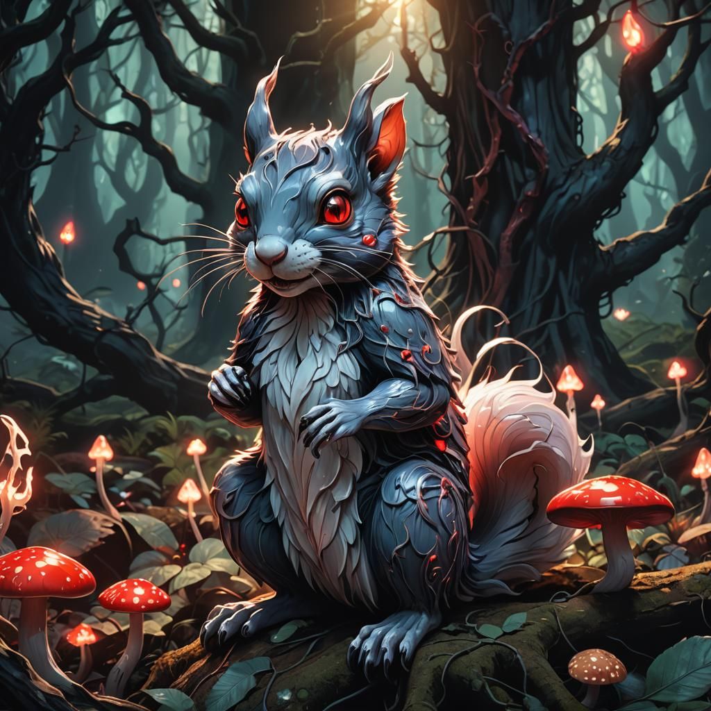 Eldritch Anime Porcelain Squirrel in Mystical Forest