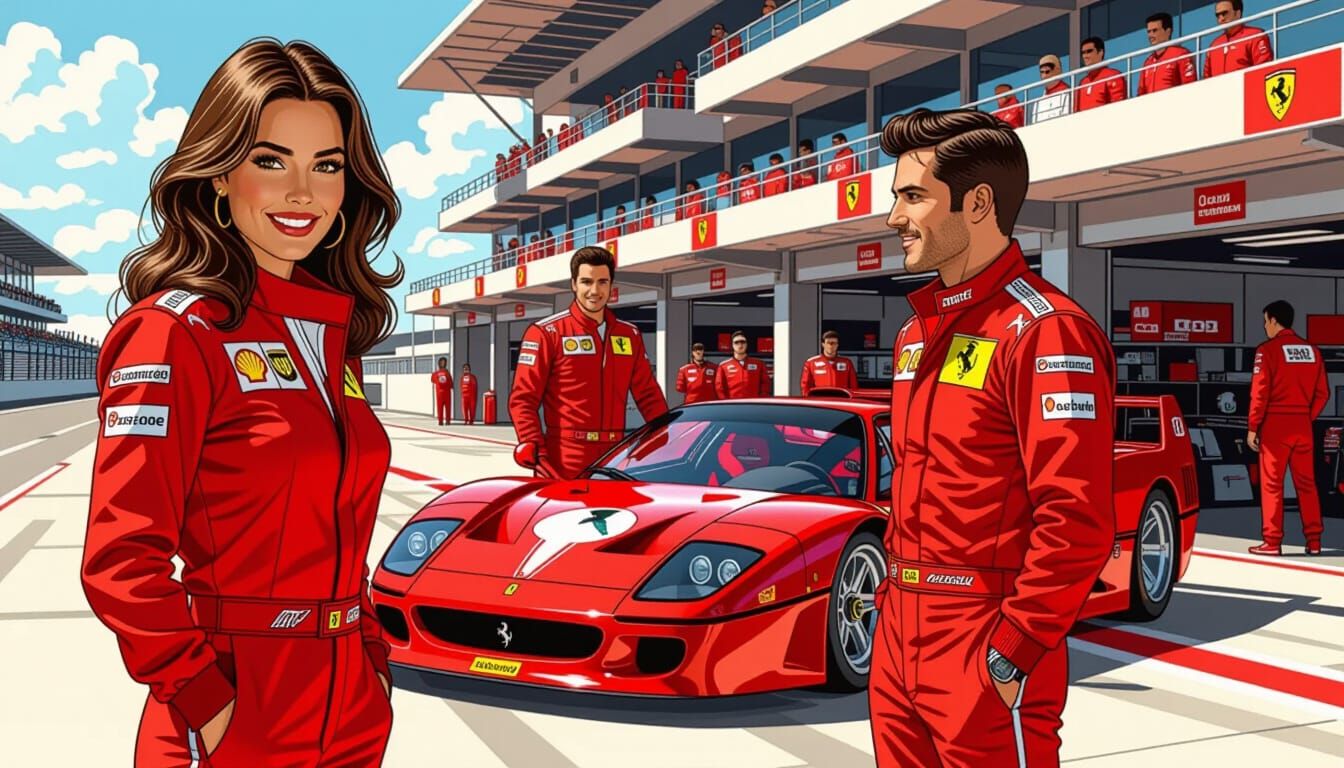 Ferrari Racing Team in Comic Book Illustration Style