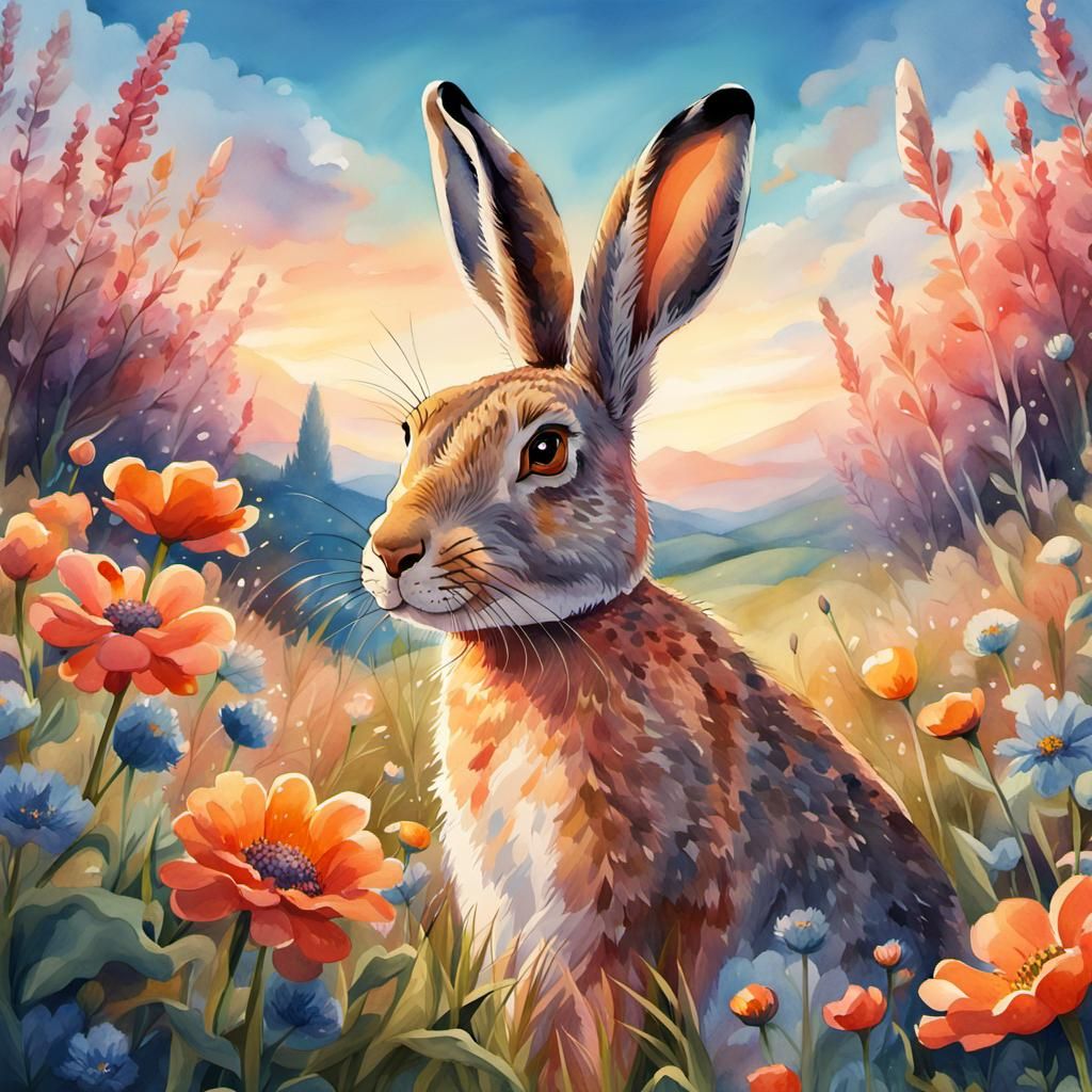Hare in Lush Meadow: Watercolour Fantasy Art