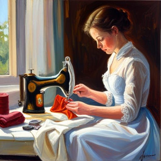 Bridal Gowns Being Sewn: An Oil Painting