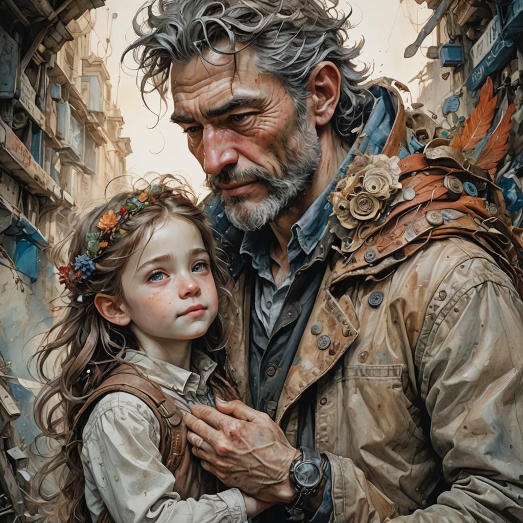 Nostalgic Father-Daughter Teamwork, Hyperdetailed