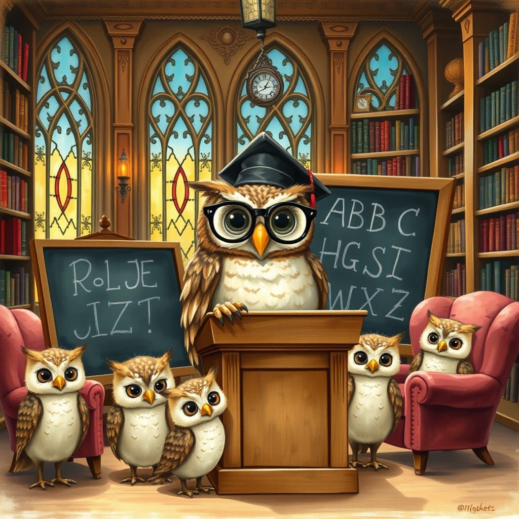 Sage Owl Teaches ABCs in a Whimsical Library