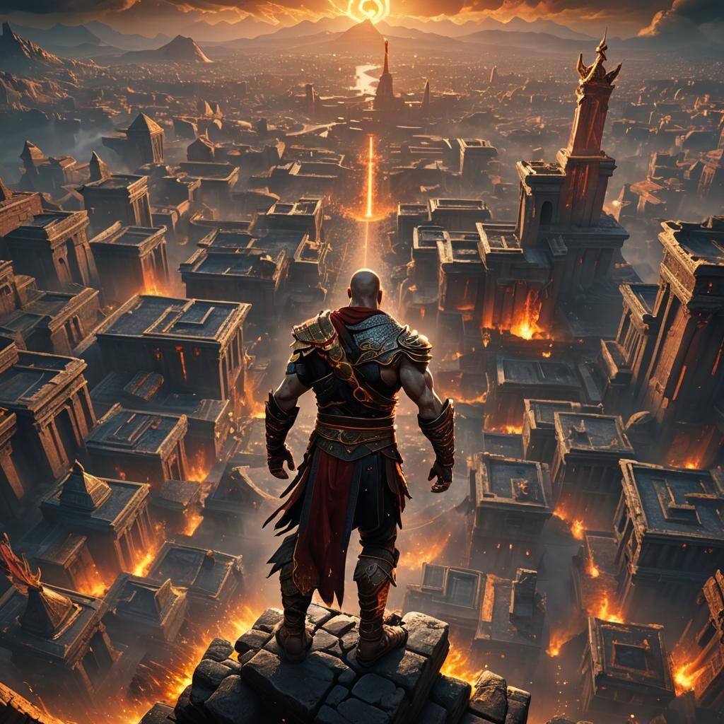 Kratos Victorious in Mythic Cityscape