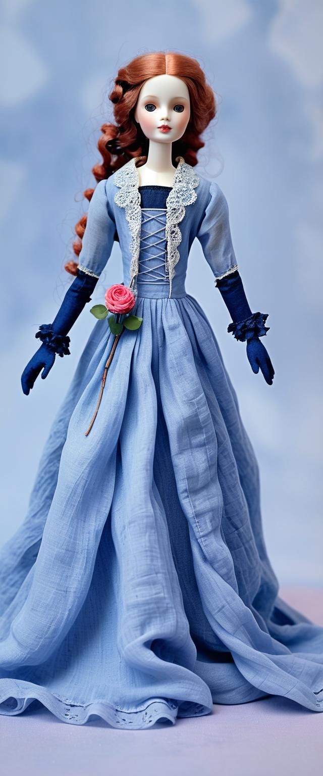 Surreal Doll with Red Curls in Ethereal Gown