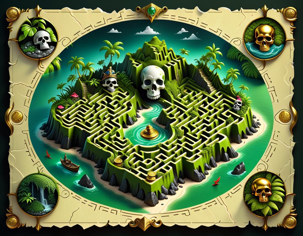 Fantasy Jungle Island Maze Path on Ancient Map