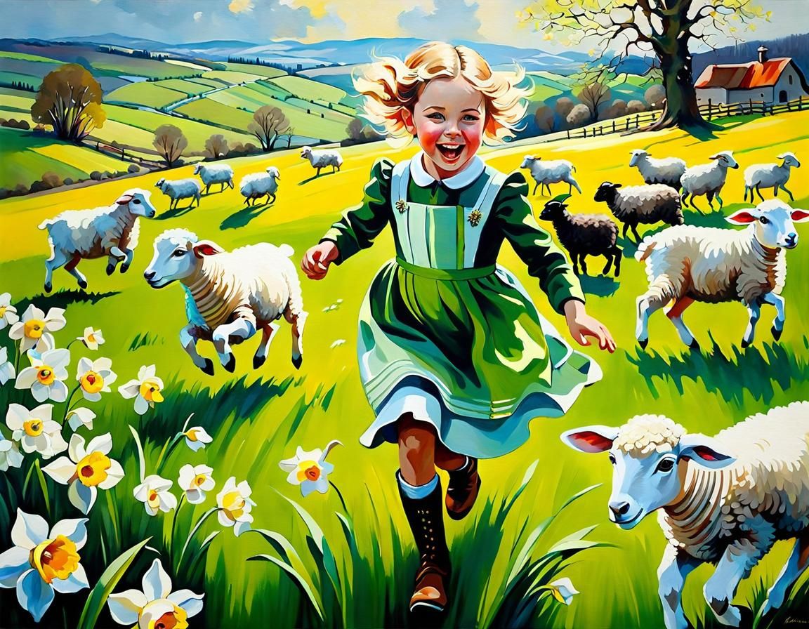 Farm Scene: Kid Playing with Lambs as Oil Painting