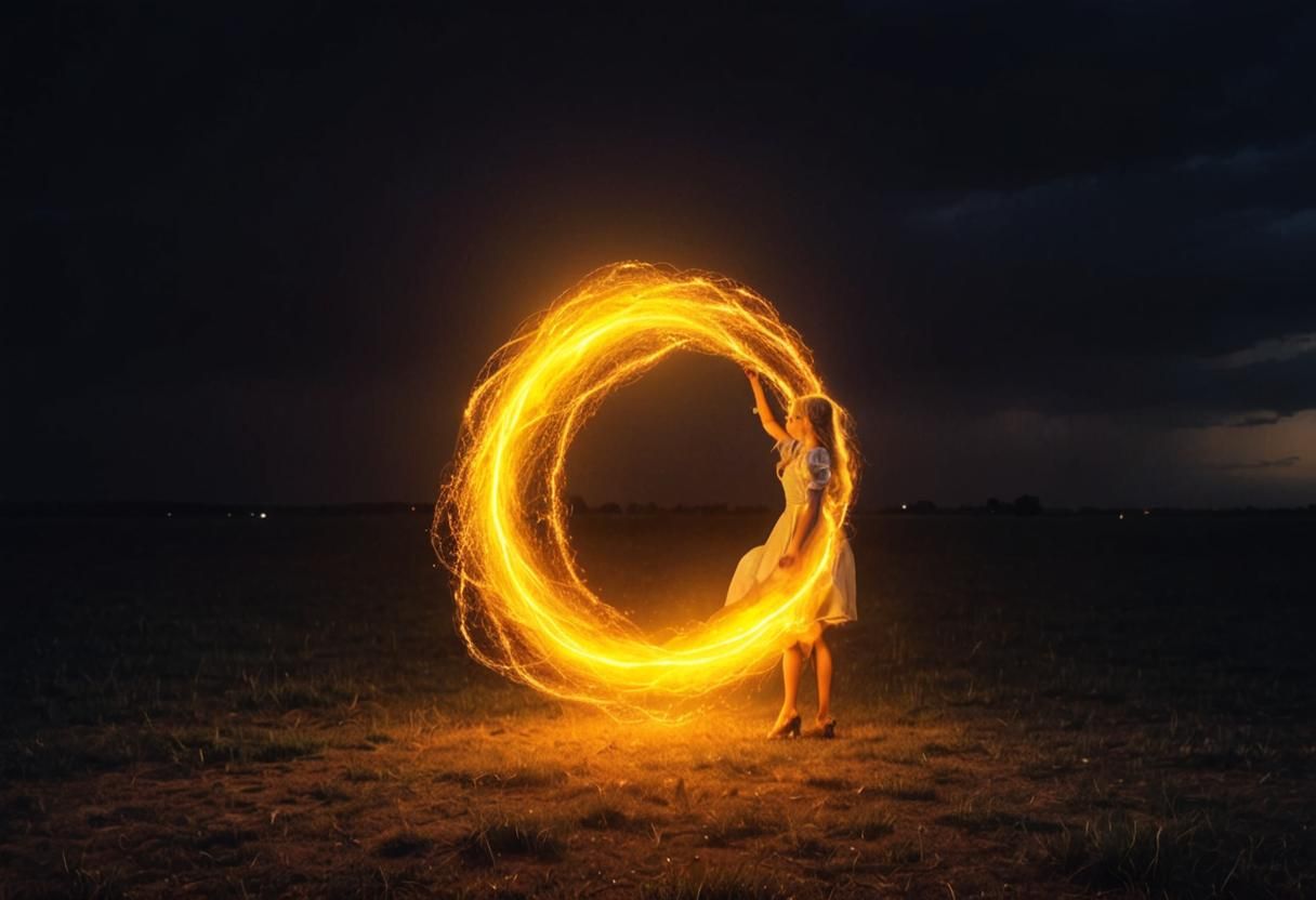 Rapunzel in Stormy Field with White Horse