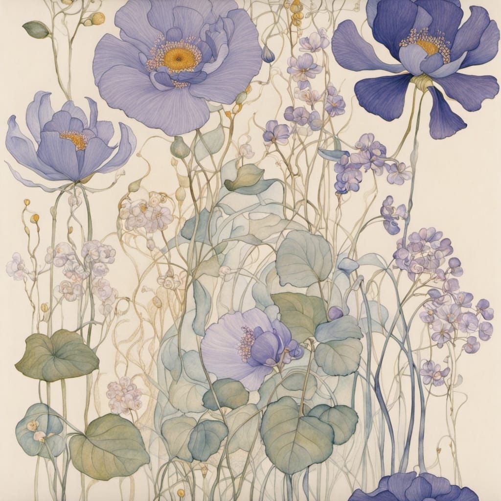 Surreal, Symbolic Blue Flowers in Dreamy Evening Light, in G...