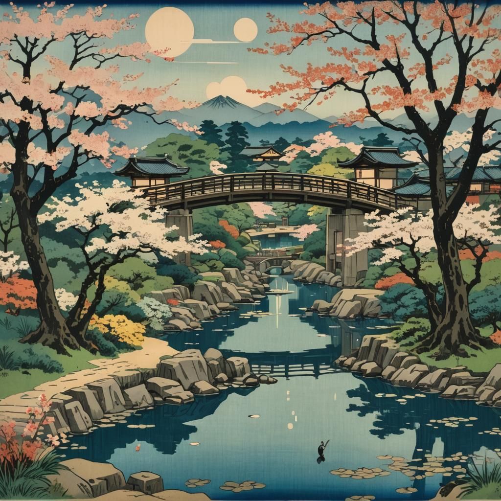 Kanto Garden: Ukiyo-e Landscape with Cherry Blossoms
