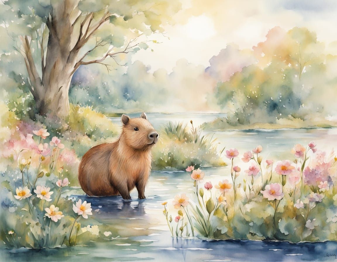 Whimsical Watercolor of Capybara in a Serene Spring Meadow