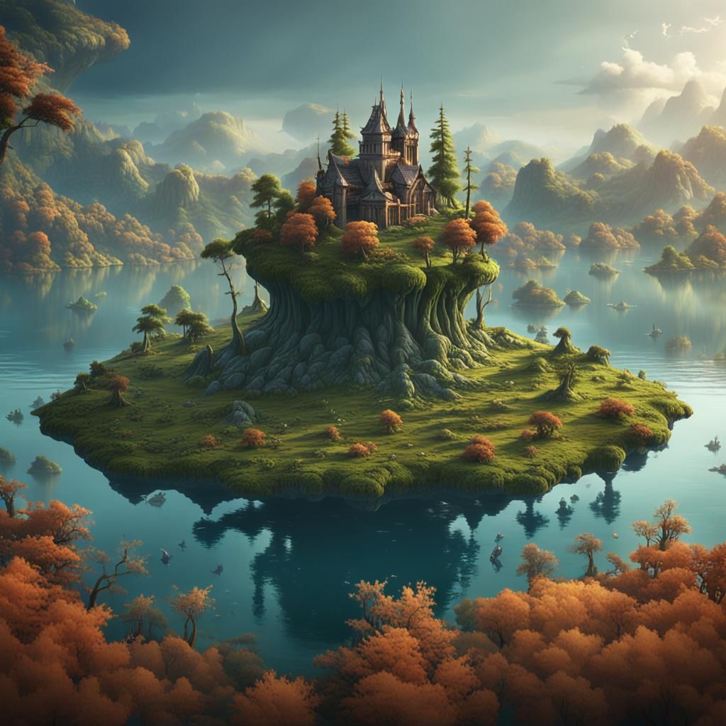 Wooded Island in Lake: Detailed Matte Painting