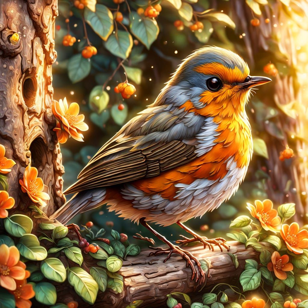 Robin in Tree Trunk Cottage: Renaissance Concept Art